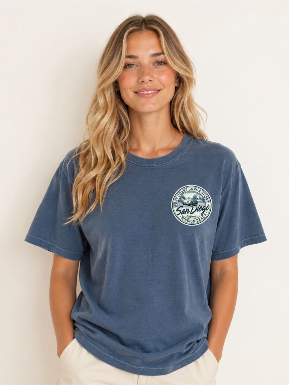 San Diego Mission Beach Surf Graphic Tee Faded Blue Coastal Size Small Cotton